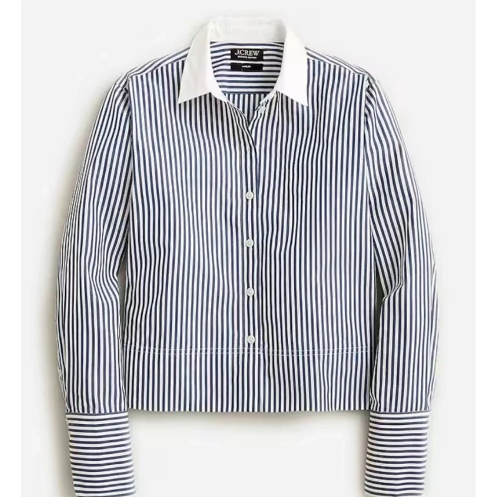 J.Crew Garcon Cropped Shirt Navy White Striped Contrast Collar Cotton Womens XL - Picture 2 of 2
